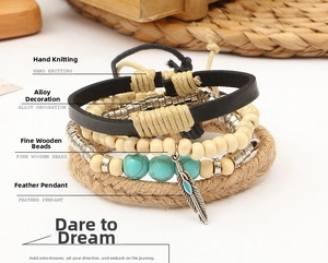 Detailed close-up of multilayer leather bracelet with turquoise beads and feather pendant