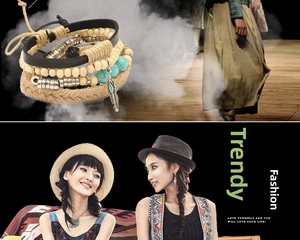 Detail of bohemian layered bracelet featuring turquoise beads and a silver feather charm
