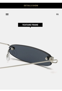 Makro-Detail der randlosen Sonnenbrille mit silbernen Metallscharnieren und Nasenpads