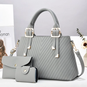 Set borse grigie da donna in tre pezzi con cuciture a V e tracolla con dettagli oro