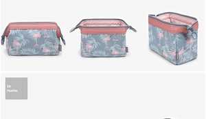 Detail of pink flamingo storage bag showing spacious interior and secure zipper closure