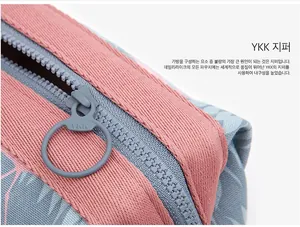 Detail of high-quality YKK zipper on a blue floral flamingo travel organizer bag
