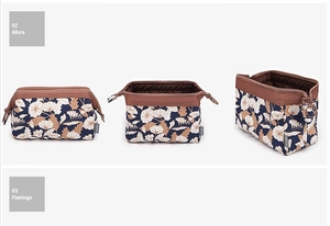 Detailed view of dark blue floral makeup bag showing front, side and interior storage