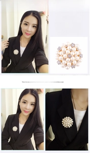 Detail of round pearl flower brooch featuring white pearls and crystals on alloy base
