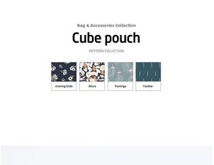 Detail view of cube pouch color options including flamingo and floral pattern textures
