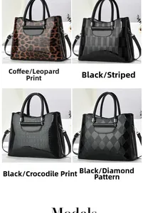 Gros plan sur les motifs léopard, rayés et crocodile sur sacs à main en cuir verni brillant