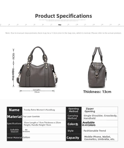Detailed size chart of the Boston handbag showing dimensions and material specifications