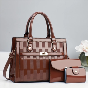 Brown woven pattern faux leather 3-piece bag set with tote, pouch, and card holder