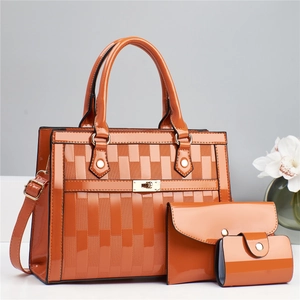 Chic orange patent leather 3-piece handbag set with checkered texture and gold lock