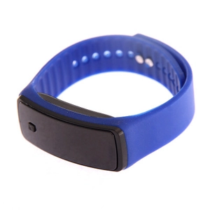 Detail of smart sports watch with bright blue silicone strap and black LED display