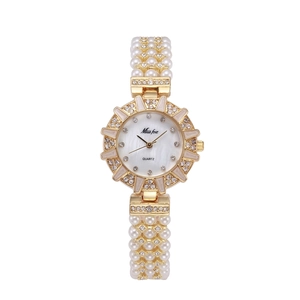 Women's gold-plated quartz watch with pearl strand strap and diamond-encrusted bezel