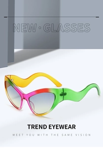 Close-up of cat-eye sunglasses featuring rainbow gradient frames and wavy yellow temples