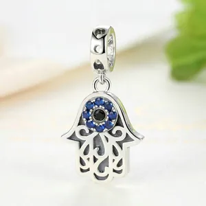 925 sterling silver blue Hamsa hand charm with heart hollow design for DIY bracelets