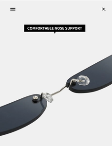 Details der transparenten Silikon-Nasenpads und des silbernen Metallscharniers der Sonnenbrille
