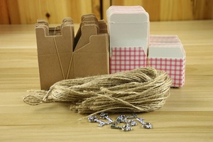 DIY craft paper candy box set with plaid pattern, jute rope, and vintage silver keys