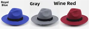 Classic wide brim fedora hats in royal blue, grey, and wine red with black ribbon trim