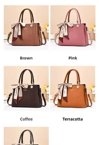 Collage of pleated faux leather handbags in brown, pink, coffee, and yellow tones