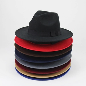 Detailed stack of multi-color wide brim wool fedora hats with elegant ribbon bands
