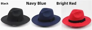 Three wide-brim felt fedora hats in black, navy, and red with ribbon bands