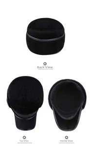 Detailed views of the back, top, and inner lining of a warm black plush flat top cap