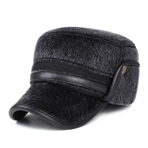 Winter flat top cadet cap in dark grey plush with faux leather trim and ear flaps