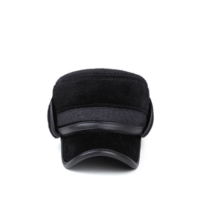 Winter black faux fur flat top military cap with earflaps and leather brim binding