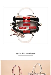 Detailed top view of women's multi-compartment handbag interior showing pockets and structure