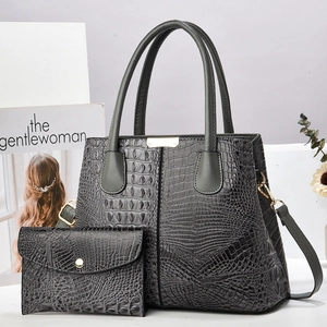 Crocodile pattern tote bag set with matching wallet and adjustable strap in dark grey