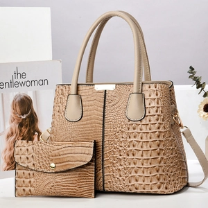 Elegant beige crocodile pattern women tote bag with a matching clutch purse set