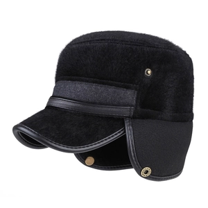 Winter black flat top army cap with warm ear flaps and faux sea lion fur texture