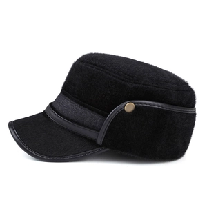 Winter faux fur flat top military cap in black with leather trim and gold button