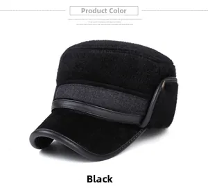Detail of black winter flat top military cap with thick faux fur and metal button accent