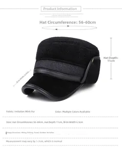 Detailed size chart for black winter flat cap with ear flaps and faux mink fur lining