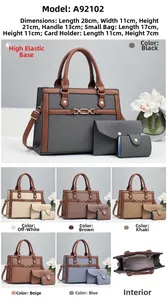 Detailed view of 3-piece bag set with tote, pouch and card holder dimensions