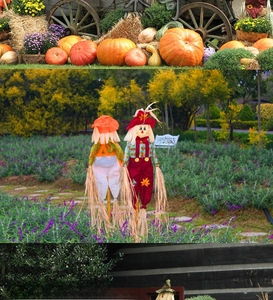 Charming decorative Halloween scarecrows displayed in a vibrant autumn garden scene