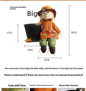 Halloween scarecrow figurine with basket dimensions showing 56cm height and 40cm width