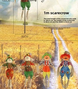 Detailed view of four colorful Halloween scarecrows for festive garden and party decor