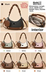 Detail of crescent moon handbag featuring straw texture PU leather and pleated handle design