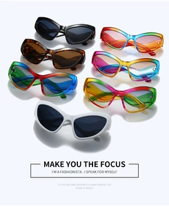 Collection of modern cat-eye sunglasses featuring vibrant rainbow colors and classic designs