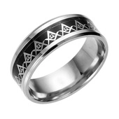 Macro view of men's stainless steel ring with black Masonic Square and Compasses engraving