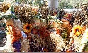 Close-up of decorative Halloween scarecrows with straw hair and sunflower accents