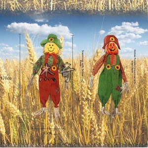 Detail of Halloween scarecrows showing doll and pumpkin face designs with dimensions