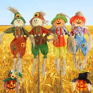 Set of 4 cute Halloween scarecrow decorations and pumpkin heads for garden party decor