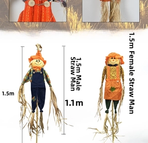 Detailed size chart for 1.5m Halloween scarecrow decorations featuring male and female styles.