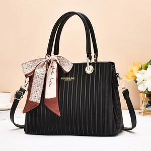 Women Handbag PU Leather Vertical Pleated Texture With Satin Scarf Decor Fashion Shoulder Crossbody Tote Bag