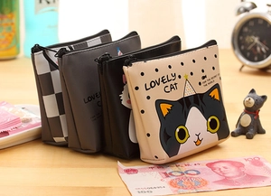 Detail of four cartoon cat PU leather coin purses with zipper and lovely patterns