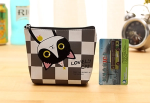 Detail of a square PU leather coin purse featuring a black cat and checkered pattern