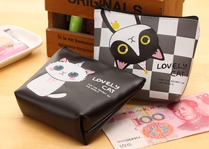 Detail of cute cat pattern PU leather coin purse with black metal zipper and lovely text