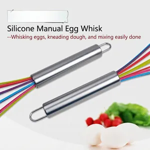 Colorful 10 inch silicone egg whisk with durable stainless steel handle and hanging loop