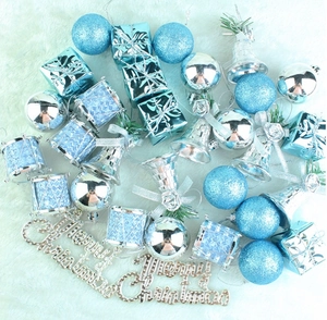 Detail of Christmas tree ornaments kit featuring blue and silver festive hanging decorations